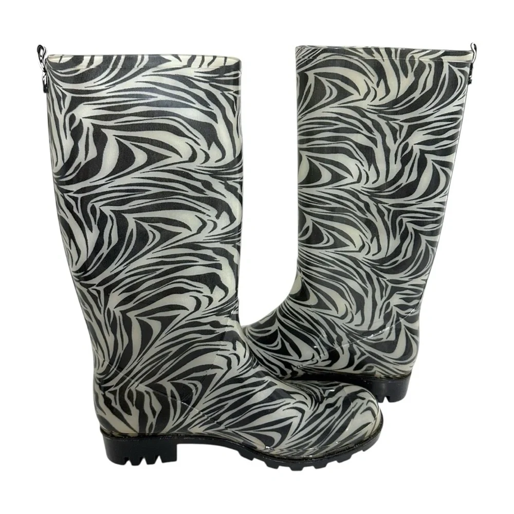 Capelli New York Zebra Print Rain Boots Black White Women’s Size 7 US Waterproof